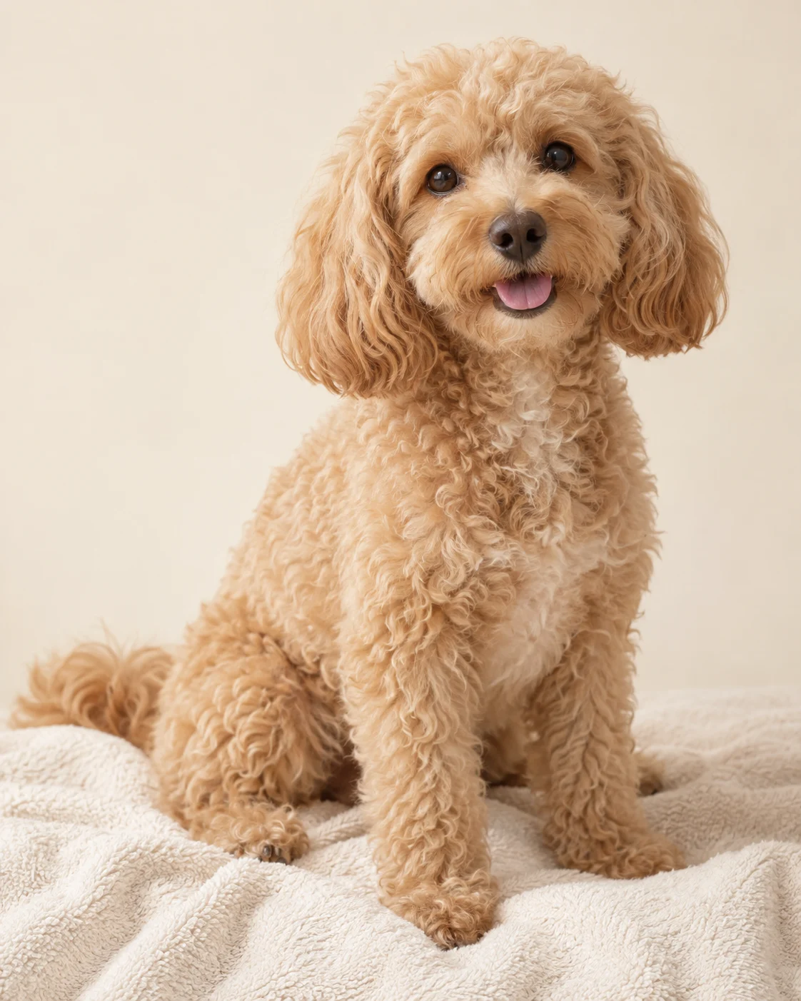 Cão de pelo encaracolado sentado numa toalha.